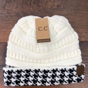 CC Beanie Hat Cap with Houndstooth Cuff